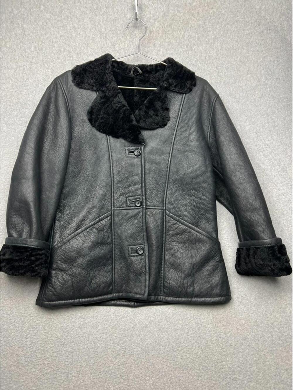 Vintage Y2k Mob Wife Leather Shearling Lambskin Crush Fur Collar L Made Brazil